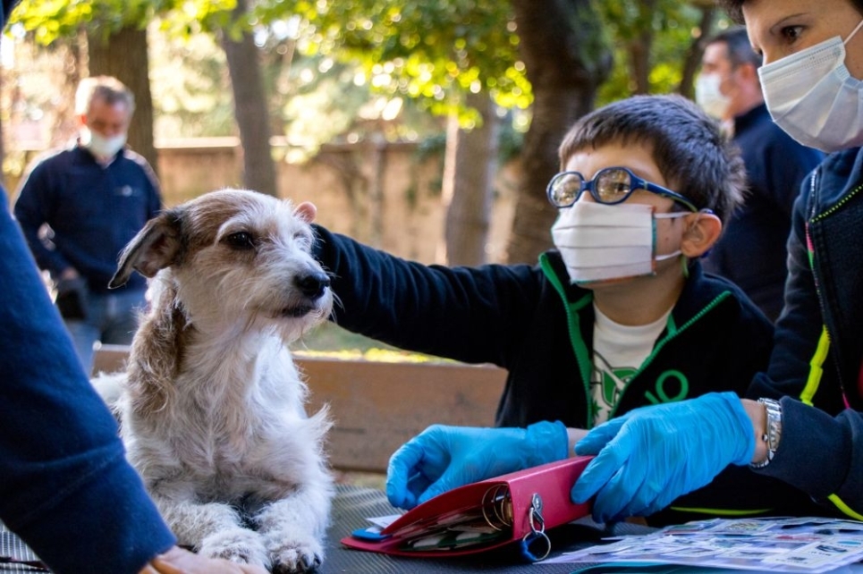 bambino con mascherina accarezza un cane